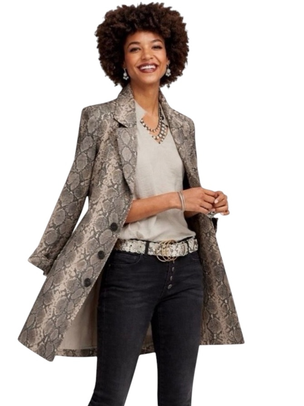 Nwot CAbi Neutral king cobra Snake-Print Trench Coat Beige and Gray size small - Picture 2 of 13